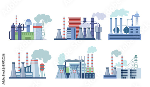 Industrial factory buildings set. Industrial buildings with pipes, power station, thermal nuclear power plants, different manufacturing plant, warehouse, factory with storage tanks for oil, gas