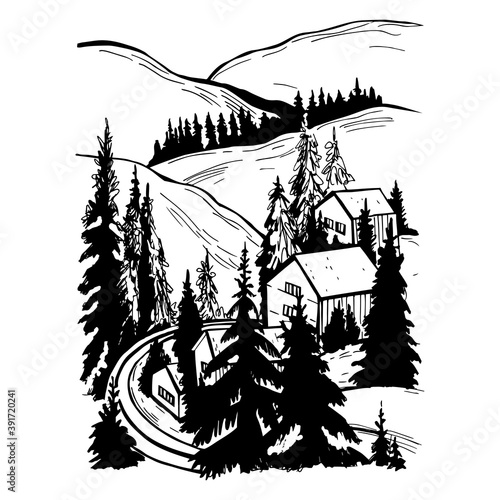 Winter village in the mountains.