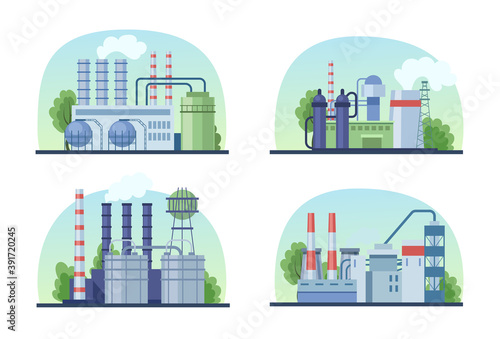 Industrial factory set. Industrial buildings with pipes, power station, manufacturing, thermal nuclear power plants. Industrial building plants with pipe smoke pollution the environment