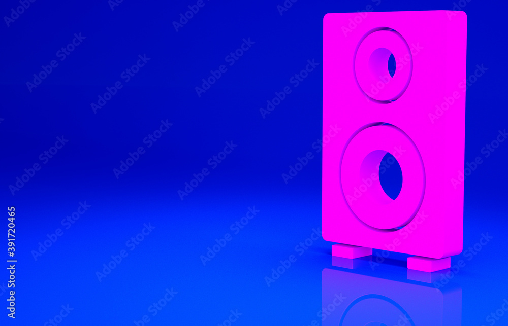 Pink Stereo speaker icon isolated on blue background. Sound system speakers. Music icon. Musical column speaker bass equipment. Minimalism concept. 3d illustration 3D render. Pink Stereo speaker icon isolated on blue background. Sound system speakers. Music icon. Musical column speaker bass equipment. Minimalism concept. 3d illustration 3D render.
