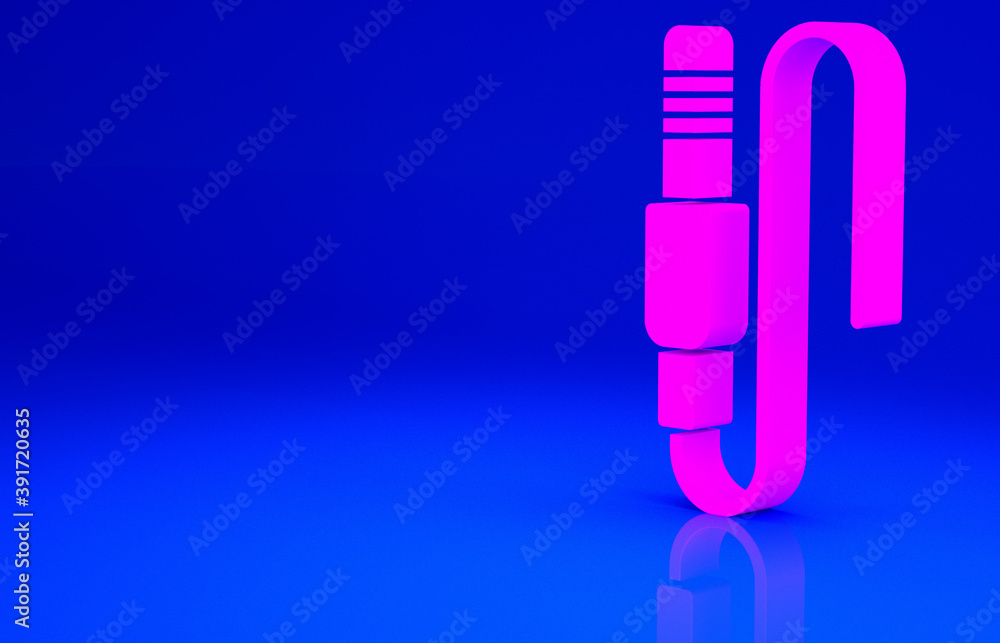 Pink Audio jack icon isolated on blue background. Audio cable for connection sound equipment. Plug wire. Musical instrument. Minimalism concept. 3d illustration 3D render. Pink Audio jack icon isolated on blue background. Audio cable for connection sound equipment. Plug wire. Musical instrument. Minimalism concept. 3d illustration 3D render.