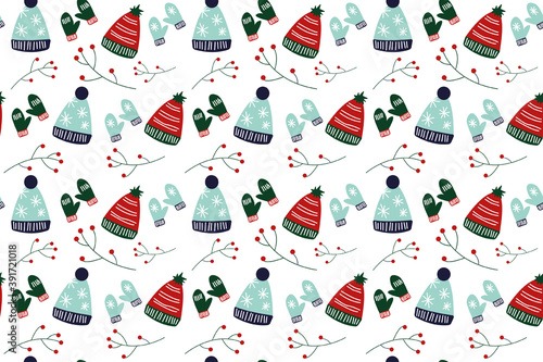Cartoon hats and mittens Christmas seamless vector pattern.