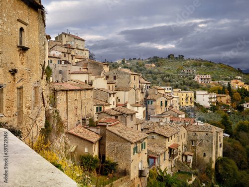 The scenic view of the roofs on the valley near the historic small village of Toffia near Rieti, Lazio, Italy