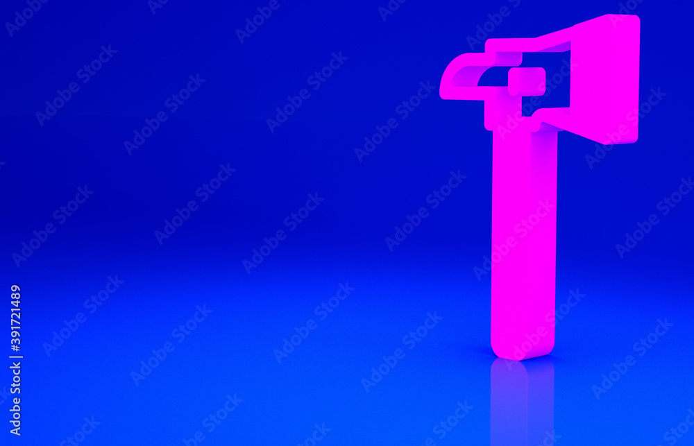 Pink Firefighter axe icon isolated on blue background. Fire axe. Minimalism concept. 3d illustration 3D render. Pink Firefighter axe icon isolated on blue background. Fire axe. Minimalism concept. 3d illustration 3D render.