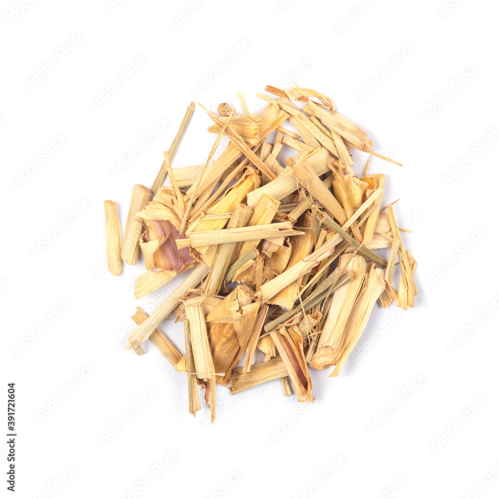 Top view of dried citronella lemongrass sticks isolated on white background. Natural medicine aromatherapy. 