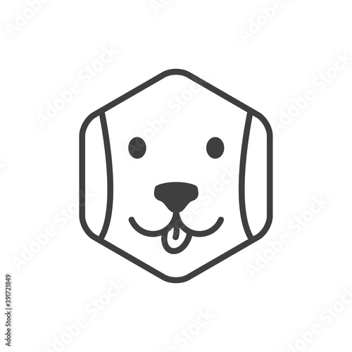 Tienda de mascotas. Logotipo lineal cara de perro alegre en hexágono en color gris
