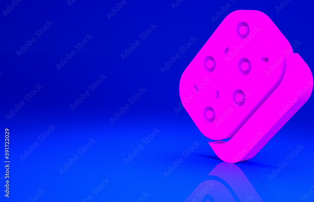 Pink Sponge with bubbles icon isolated on blue background. Wisp of bast for washing dishes. Cleaning service logo. Minimalism concept. 3d illustration 3D render.