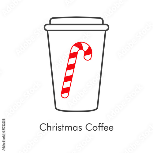 Tiempo de navidad. Vaso de café. Logotipo lineal con vaso de plastico con tapa con bastón de caramelo en rojo y gris