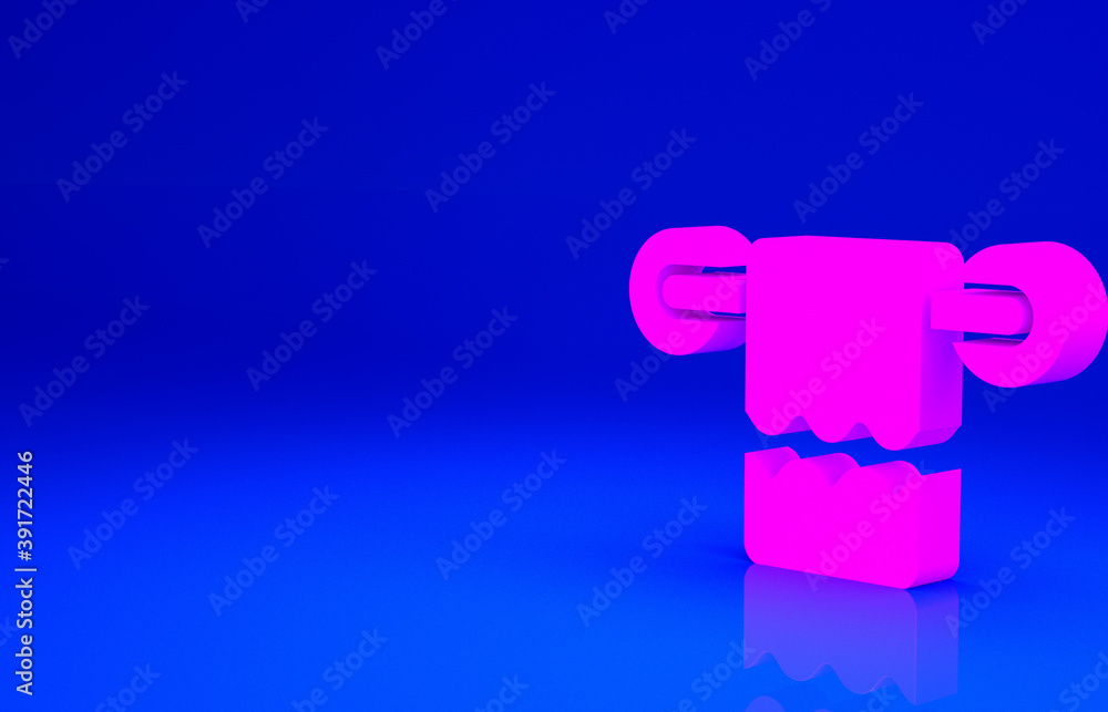 Pink Towel on a hanger icon isolated on blue background. Bathroom towel icon. Minimalism concept. 3d illustration 3D render. Pink Towel on a hanger icon isolated on blue background. Bathroom towel icon. Minimalism concept. 3d illustration 3D render.