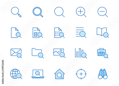 Search line icons set. Zoom, find document, magnify glass symbol, look tool, binoculars minimal vector illustrations. Simple flat outline signs for web interface. Blue color, Editable Stroke