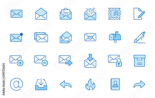 Email line icons set. Letter, spam mail, open envelope, postage stamp, mailbox, new document minimal vector illustrations. Simple flat outline signs for web. Blue color, Editable Stroke