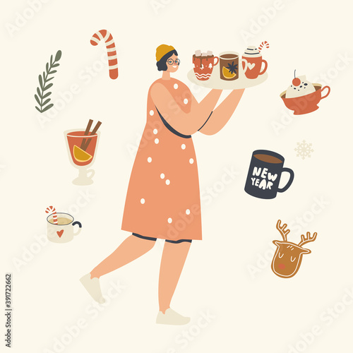 Happy Female Character Carry Tray with Hot Drink for Enjoying Christmas Holidays. Wintertime Season Spare Time, Vacation