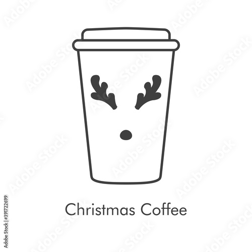 Tiempo de navidad. Vaso de café. Logotipo lineal con vaso de plastico con tapa con nariz y astas de rena Rodolfo de color gris