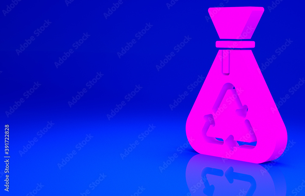 Pink Garbage bag with recycle symbol icon isolated on blue background. Trash can icon. Recycle basket sign. Minimalism concept. 3d illustration 3D render. Pink Garbage bag with recycle symbol icon isolated on blue background. Trash can icon. Recycle basket sign. Minimalism concept. 3d illustration 3D render.