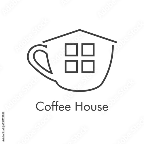 Logotipo lineal con texto Coffee House con taza de café con tejado y ventanas como casa en color gris