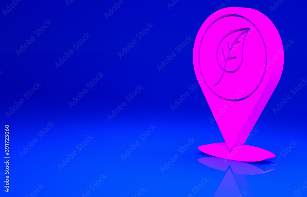 Pink Location with leaf icon isolated on blue background. Eco energy concept. Alternative energy concept. Minimalism concept. 3d illustration 3D render. Pink Location with leaf icon isolated on blue background. Eco energy concept. Alternative energy concept. Minimalism concept. 3d illustration 3D render.