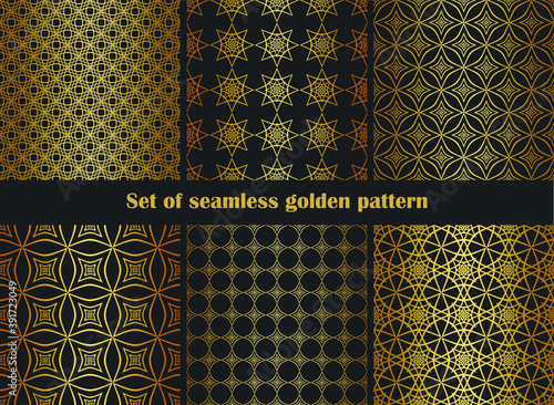 Set of seamless vector golden repeat geometric patterns. Golden geometrical 10 eps backgrounds for fabric, cover, textile, design, banner.