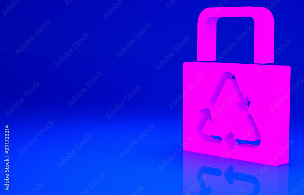 Pink Paper shopping bag with recycle icon isolated on blue background. Bag with recycling symbol. Minimalism concept. 3d illustration 3D render. Pink Paper shopping bag with recycle icon isolated on blue background. Bag with recycling symbol. Minimalism concept. 3d illustration 3D render.