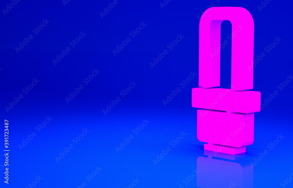 Pink LED light bulb icon isolated on blue background. Economical LED illuminated lightbulb. Save energy lamp. Minimalism concept. 3d illustration 3D render. Pink LED light bulb icon isolated on blue background. Economical LED illuminated lightbulb. Save energy lamp. Minimalism concept. 3d illustration 3D render.