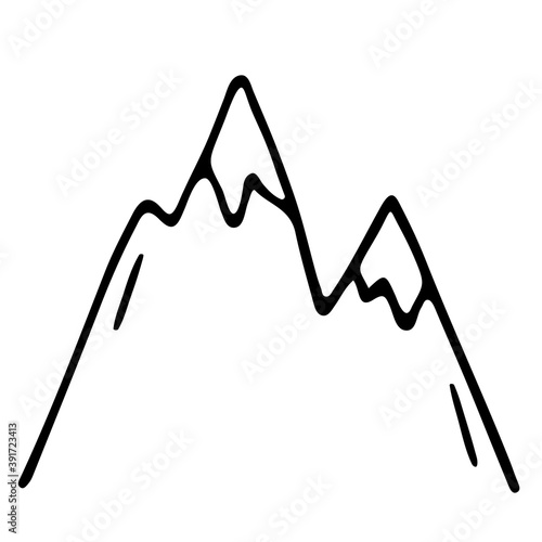 Doodle mountain with snow ice tops. Hand drawn outline doodle icon. Vector sketch of sharp peak of the cliff. Use for Winter camping logo, sign, tourism, travel labels, climbing or hiking badges.