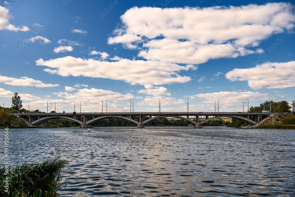 View of the bridge over the river Southern Bug in Vinnytsia, Ukraine. September 2020