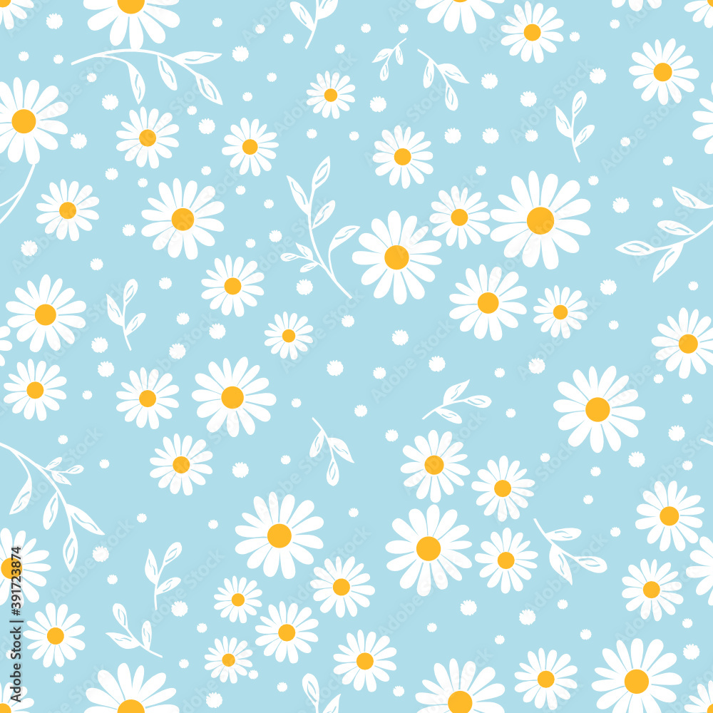 Seamless pattern with daisy flower and leaves on blue background vector illustration. Flat design for print.