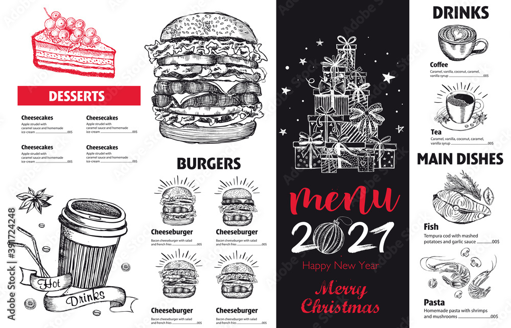 Christmas menu. Sketch illustration. Vector.	