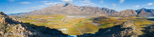 Wide angle views over the Hex River valley in the western cape of south africa, an area known for its table grapes photo