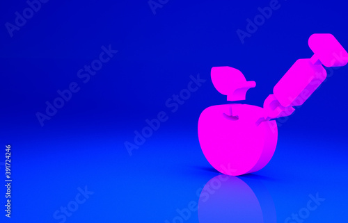 Pink Genetically modified apple icon isolated on blue background. GMO fruit. Syringe being injected to apple. Minimalism concept. 3d illustration 3D render.