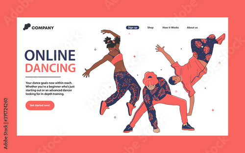 Dance master classes landing page. A group of people men and women are engaged in hip hop together. Vector illustration of active youth in trend clothes