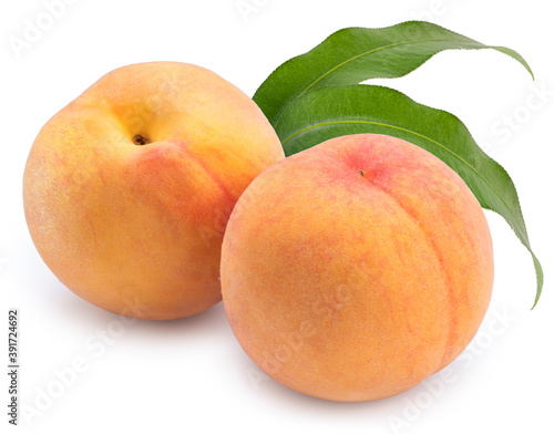 Orange Peach with leaves isolate on white background, Sweet Golden Peach fruits isolate on white background With clipping path.