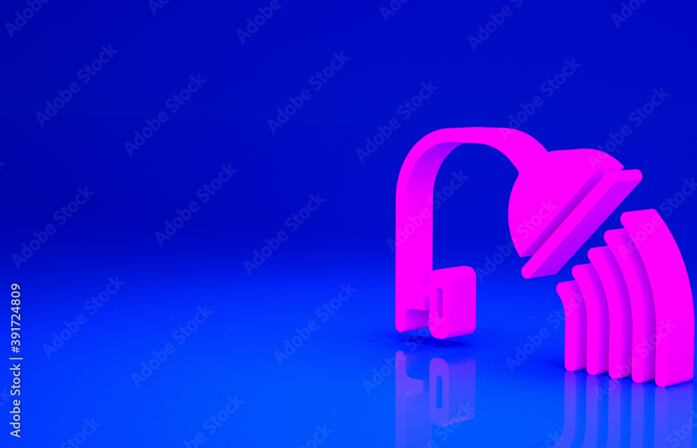Pink Shower head with water drops flowing icon isolated on blue background. Minimalism concept. 3d illustration 3D render. Pink Shower head with water drops flowing icon isolated on blue background. Minimalism concept. 3d illustration 3D render.
