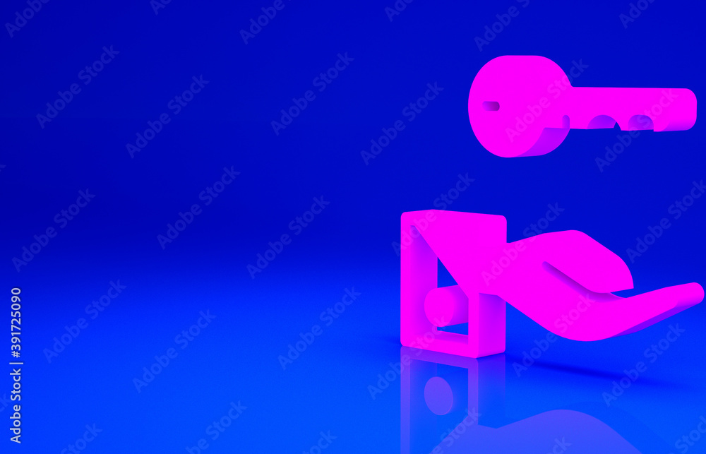 Pink Hotel door lock key icon isolated on blue background. Minimalism concept. 3d illustration 3D render. Pink Hotel door lock key icon isolated on blue background. Minimalism concept. 3d illustration 3D render.