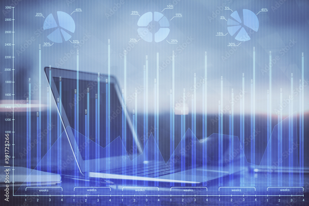 Double exposure of forex graph and work space with computer. Concept of international online trading. Double exposure of forex graph and work space with computer. Concept of international online trading.