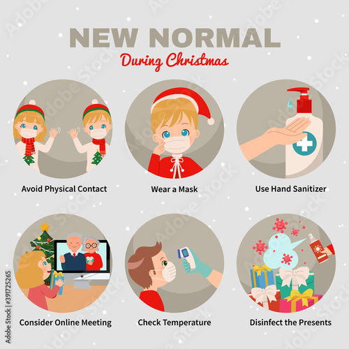 New normal infographic tips during Christmas celebration. Corona virus pandemic safety awareness. Flat vector illustration.