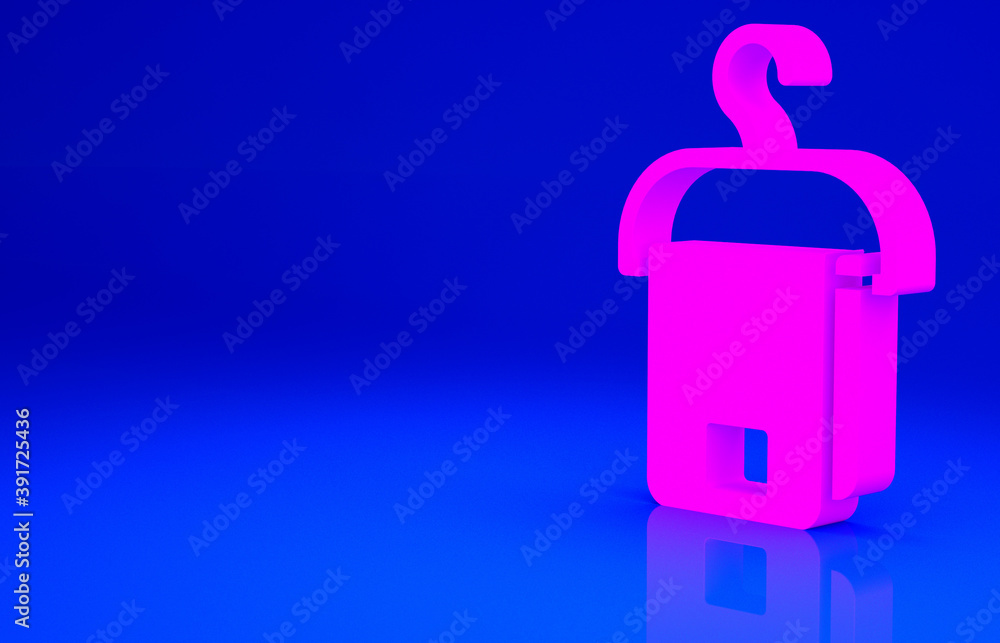 Pink Towel on hanger icon isolated on blue background. Bathroom towel icon. Minimalism concept. 3d illustration 3D render. Pink Towel on hanger icon isolated on blue background. Bathroom towel icon. Minimalism concept. 3d illustration 3D render.