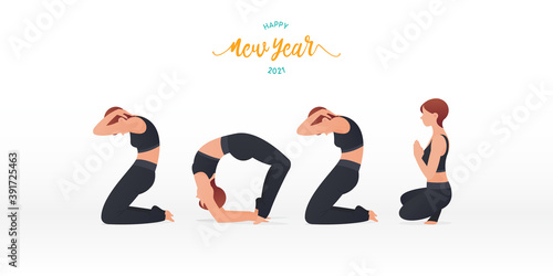 Happy New Year 2021 banner with yoga poses. Year of good health. Banner design template for New Year 2021 decoration in Yoga Concept. 