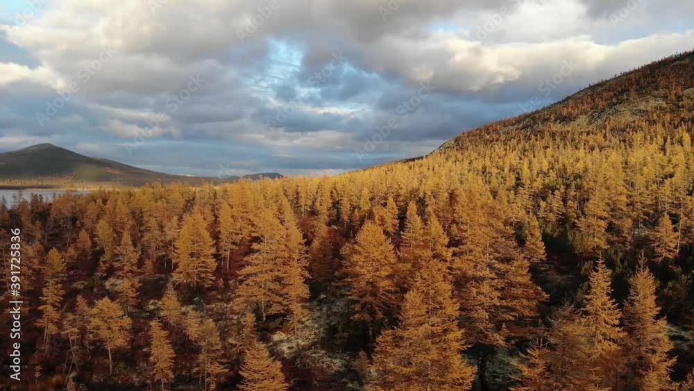Russia, Kolyma. Lake Jack London. Autumn landscape. Forest tundra. Russia, Kolyma. Lake Jack London. Autumn landscape. Forest tundra.