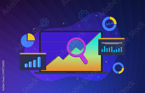 SEO Digital Marketing illustration. Search engine analytics, ranking and page speed optimization result. Internet online website optimization and digital business revenue growth concept. 