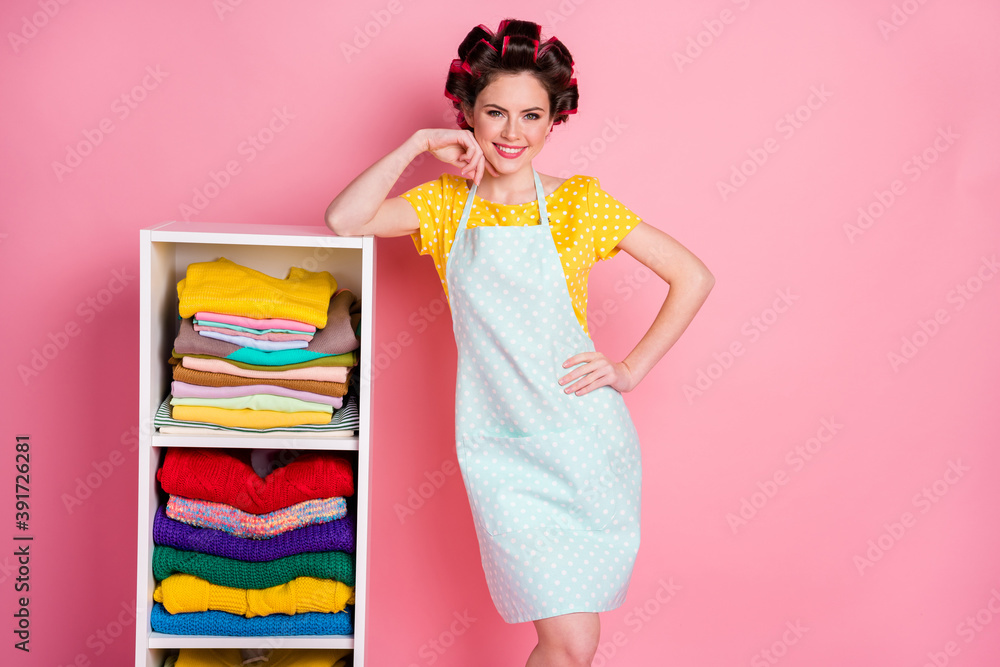 Portrait of nice attractive pretty cheerful housemaid making home organization preparing cleanup isolated pink pastel color background Portrait of nice attractive pretty cheerful housemaid making home organization preparing cleanup isolated pink pastel color background