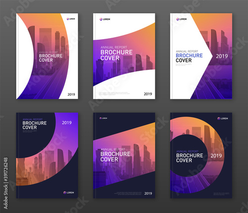 Brochure cover design layout set for business and construction. Abstract geometry with coloured cityscape vector illustration on background. Good for annual report, industrial catalog design.