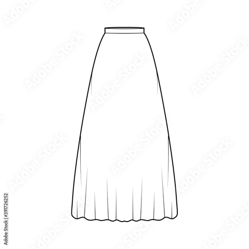 Skirt maxi long technical fashion illustration with floor ankle lengths silhouette, semi-circular fullness. Flat bottom template front, white color style. Women men unisex CAD mockup