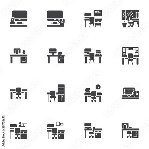 Workplace vector icons set, modern solid symbol collection, filled style pictogram pack. Signs, logo illustration. Set includes icons as workspace, desktop computer, office table with chair, laptop