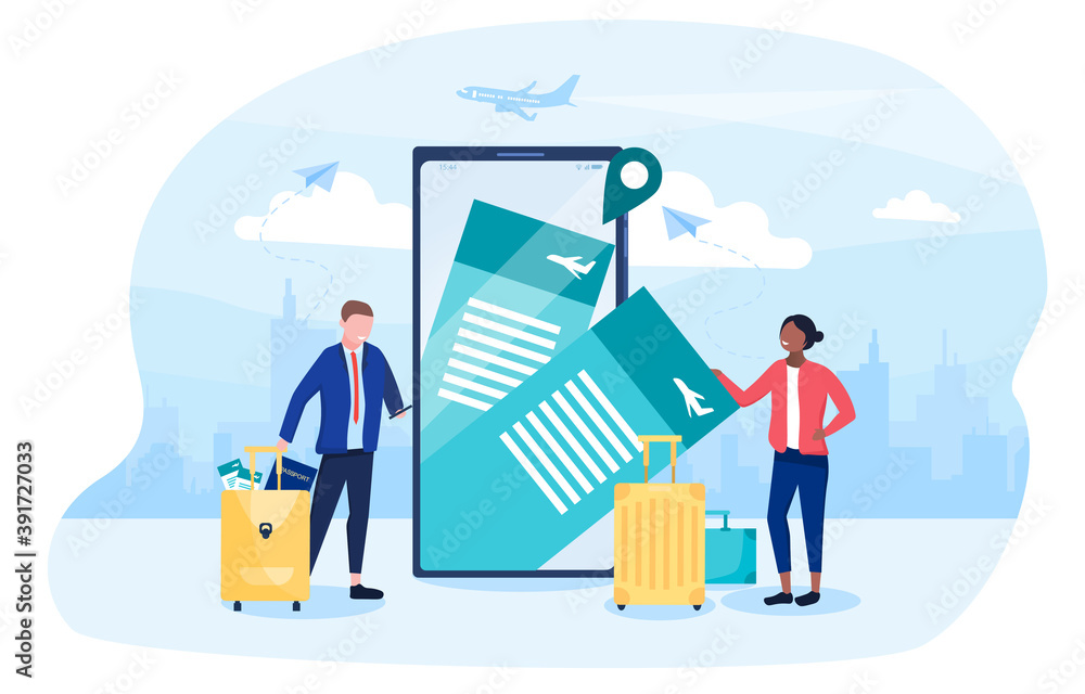 Abstract concept of online booking of tickets with tiny man and woman standing next to a giant smartphone. Flat cartoon vector illustration with fictional characters Abstract concept of online booking of tickets with tiny man and woman standing next to a giant smartphone. Flat cartoon vector illustration with fictional characters