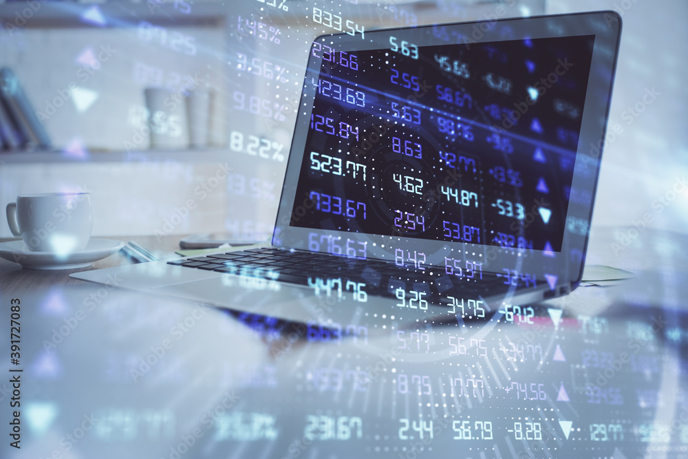 Stock market graph on background with desk and personal computer. Multi exposure. Concept of financial analysis. Stock market graph on background with desk and personal computer. Multi exposure. Concept of financial analysis.