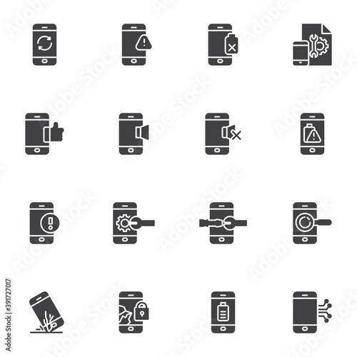 Mobile phone repair service vector icons set, modern solid symbol collection, filled style pictogram pack. Signs, logo illustration. Set includes icons as smartphone update, cell phone diagnostic