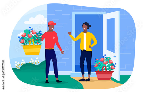 The concept of flower delivery with a girl standing on the doorstep and meeting a courier who brings her a large basket of flowers. Flat vector illustration with fictional characters.