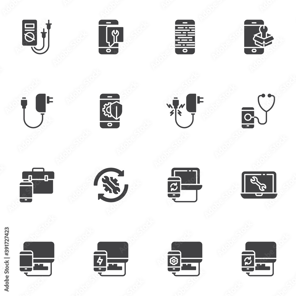 Mobile repair service vector icons set, modern solid symbol collection, filled style pictogram pack. Signs, logo illustration. Set includes icons as multimeter, smartphone, computer, phone diagnostic