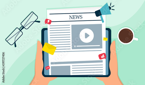 Online newspaper concept. Flat cartoon vector illustration