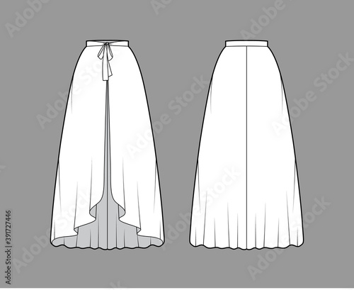 Over Skirt circular fullness technical fashion illustration with bow, floor ankle lengths, thin waistband. Flat bottom template front, back, white color style. Women men unisex CAD mockup